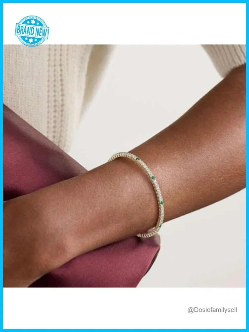 3mm Emerald Simulated Diamond Elastic Tennis Bracelet - Stackable Gold Plated